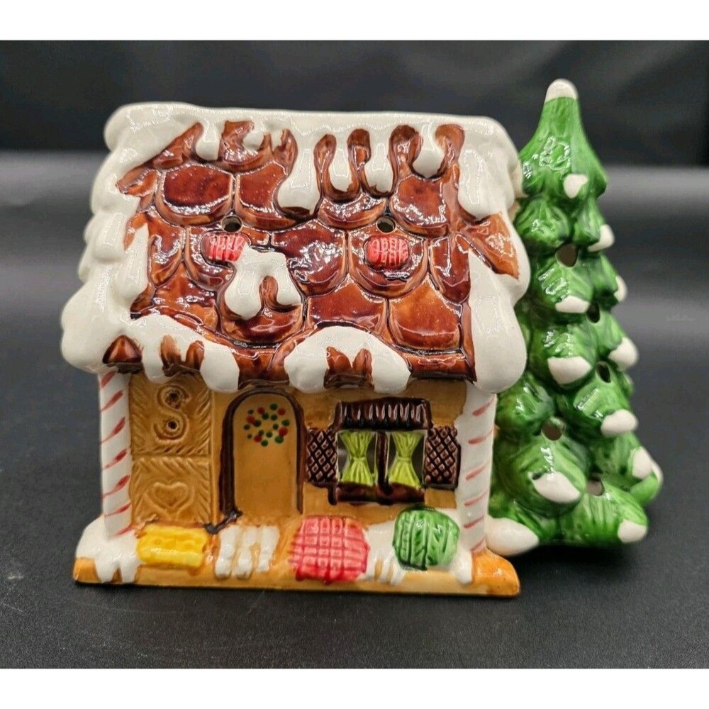 Gingerbread House Ceramic Christmas Village Decor Lighted Snow Covered Tree Vtg